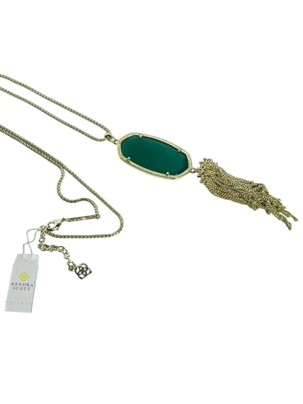 Kendra Scott Gold Tone Curved Box Chain Necklace W/ Green Tassel Pendant (6382) - Picture 4 of 6